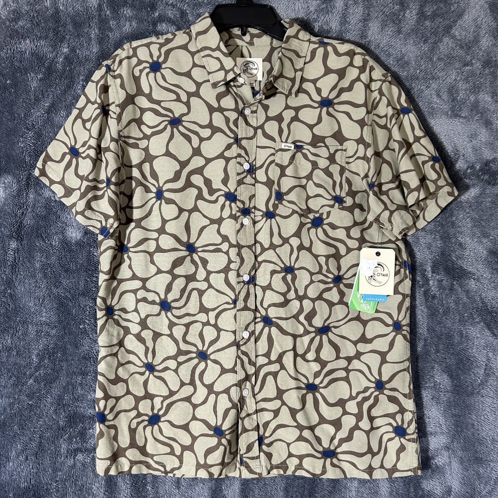 O'Neill Mens Size M Beige Eco Print Standard Fit Button Up Shirt